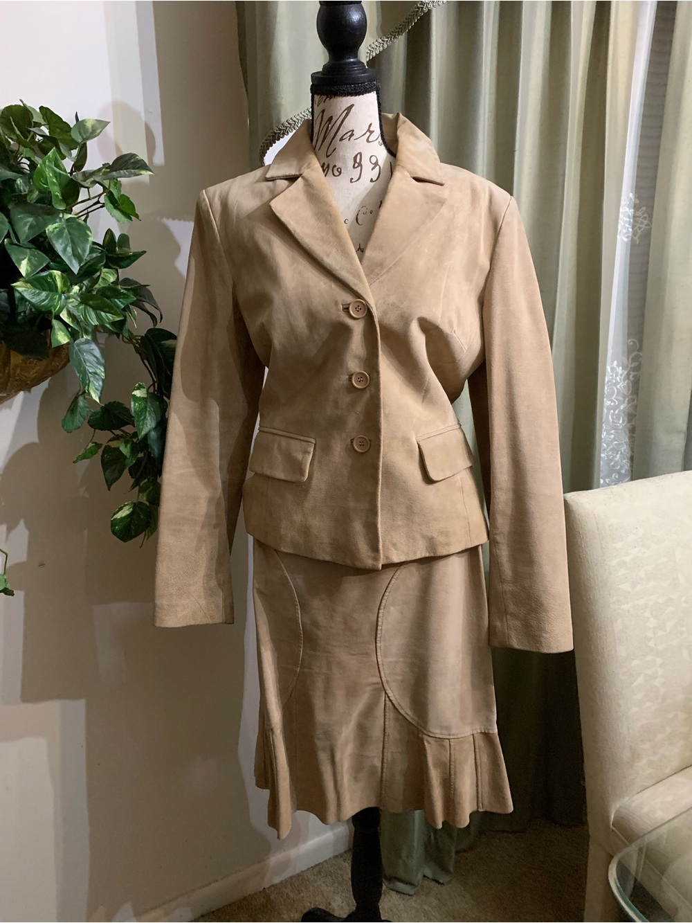 bagatelle Tan Suede-Look Tailored Jacket And Skirt